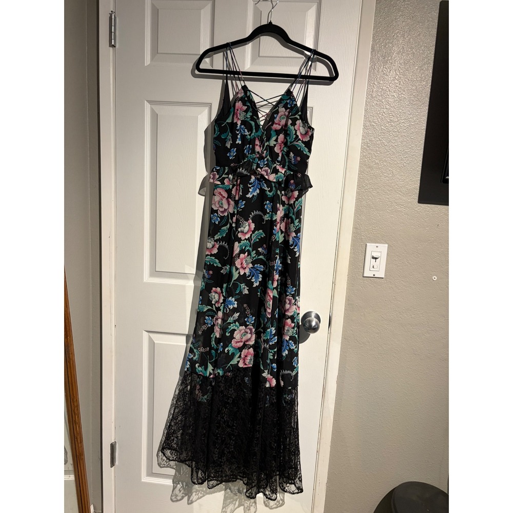 Express Floral Lace Hem Maxi Dress Black Pink Blue Strappy Lace Up V-Neck 00